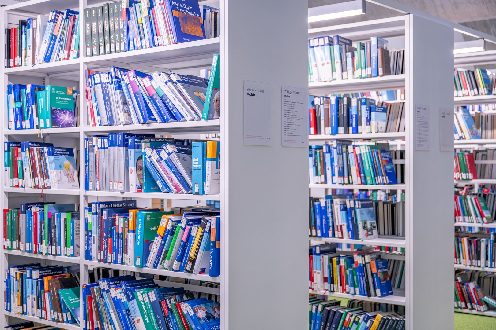 Ein Blick auf Bücherregale, die mit einer Vielzahl von medizinischen Lehrbüchern und Nachschlagewerken gefüllt sind.