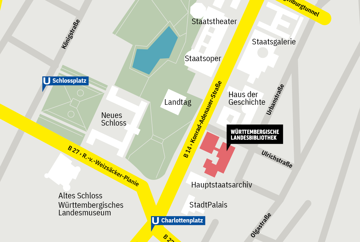 Stadtplan von Stuttgart mit Hervorhebung des Standorts der WLB.