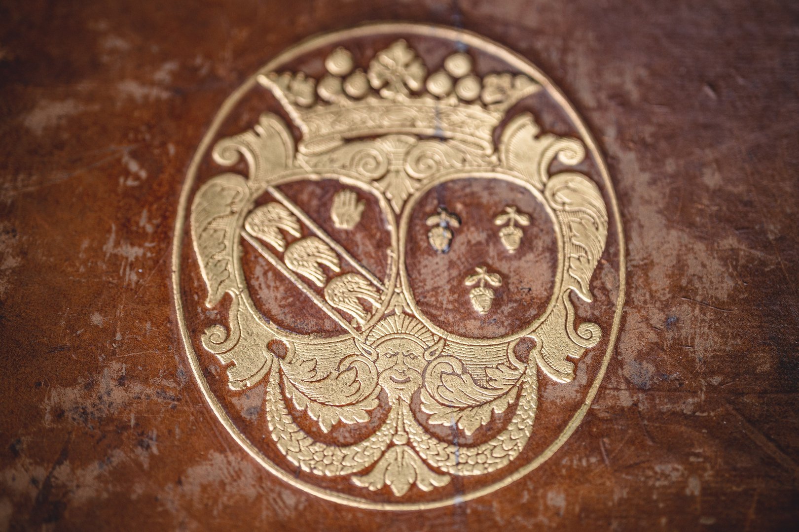 Detailaufnahme eines Wappens, das mit feinen goldenen Linien auf einem braunen Lederbuchdeckel eingraviert ist.