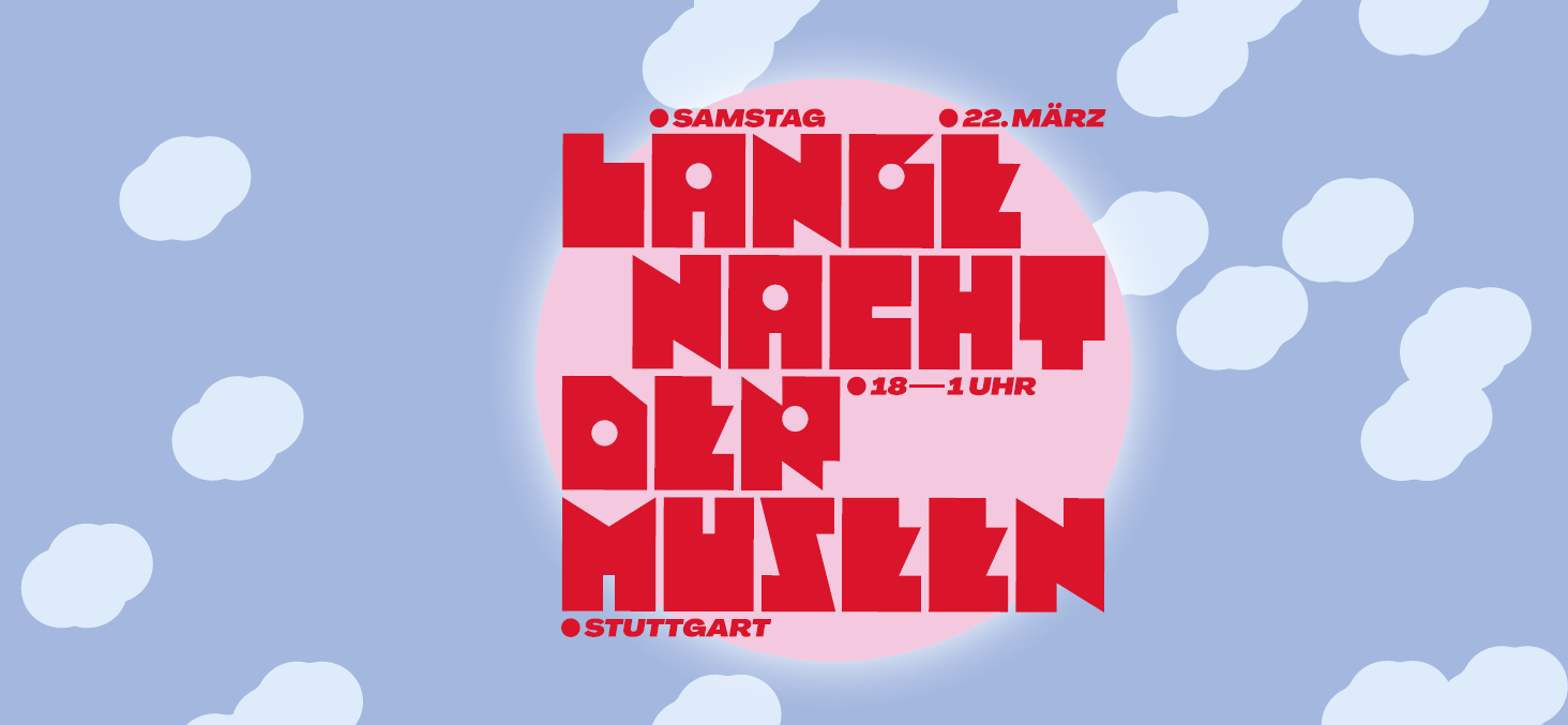 Bunte Grafik mit dem Titel 'Lange Nacht der Museen' in Stuttgart, die für eine Veranstaltung am 22. März wirbt.