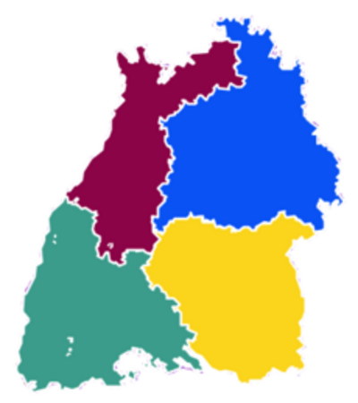 Karte von Baden-Württemberg mit farblich hervorgehobenen vier Regierungsbezirken.
