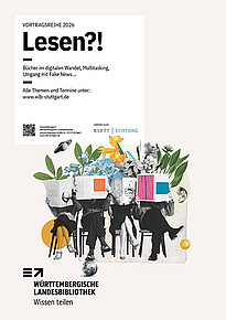 Plakat der Vortragsreihe "Lesen". Collage aus vier lesenden Personen, kombiniert mit bunten geometrischen Formen und Pflanzenmotiven.