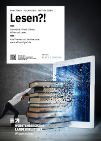 Plakat der Vortragsreihe "Lesen: Ein Mann schiebt einen Stapel Bücher in einen Bildschirm.