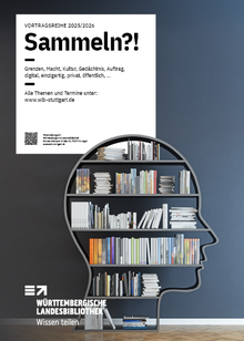 Plakat der Vortragsreihe "Sammeln": Ein Bücherregal in Form eines Kopfes, darin mehrere Bücher.
